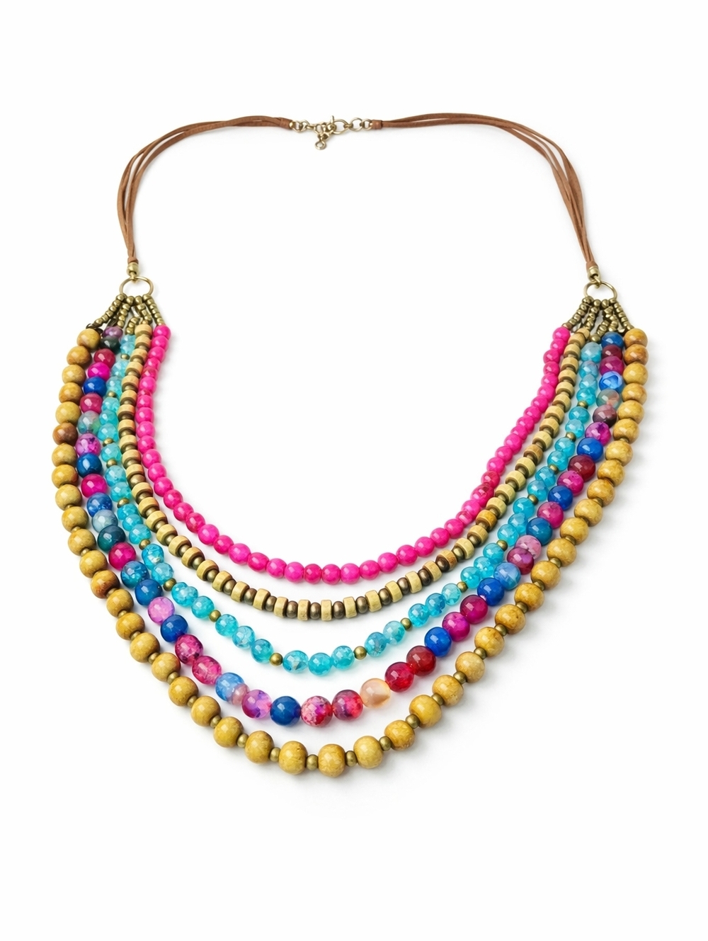 Multicolor Agate & Wood Bead Necklace Multi Strand Statement Boho Layered Jewel